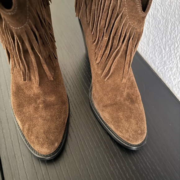 Saint Laurent Brown Fringe Suede Heeled Boots - Picture 6 of 12